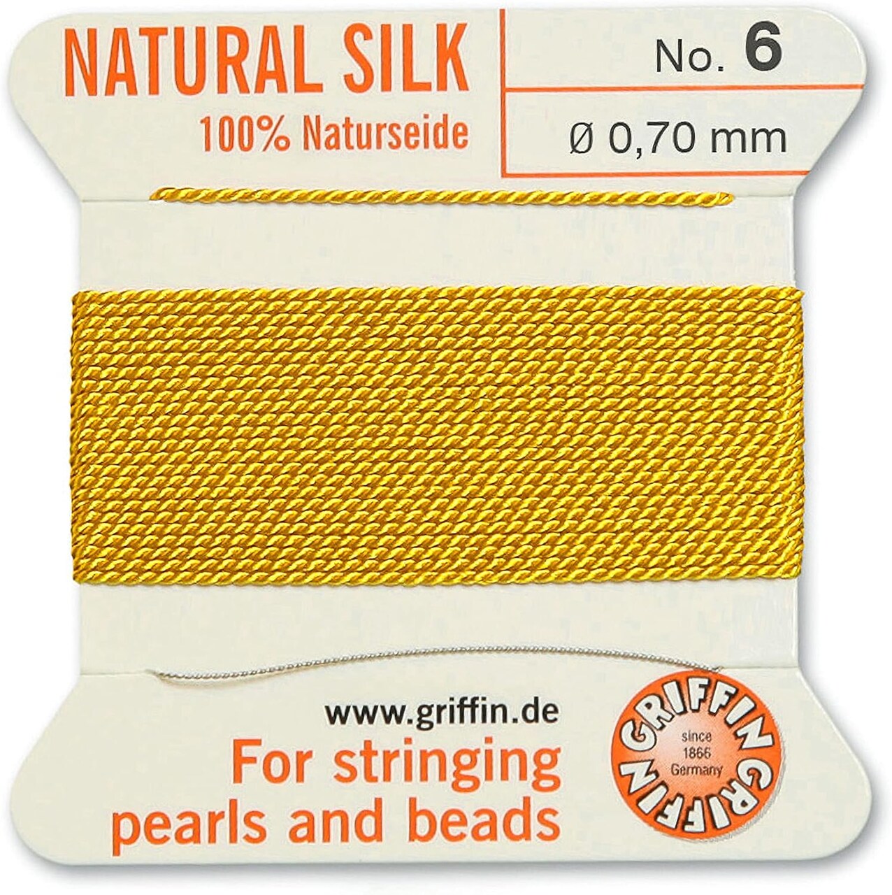 Griffin Silk Bead Cord Perlseide – Size 6 (0.70mm) – 2 Meters per Card – Stainless Steel Needle Attached – for Knotting Pearls, Gemstones, Crystals and Beads